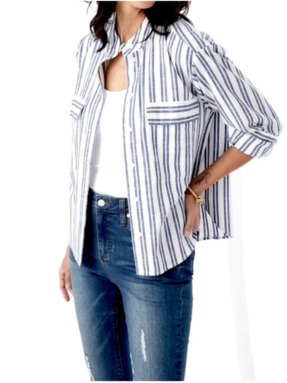 Karen Kane Cotton Striped Button Down Shirt